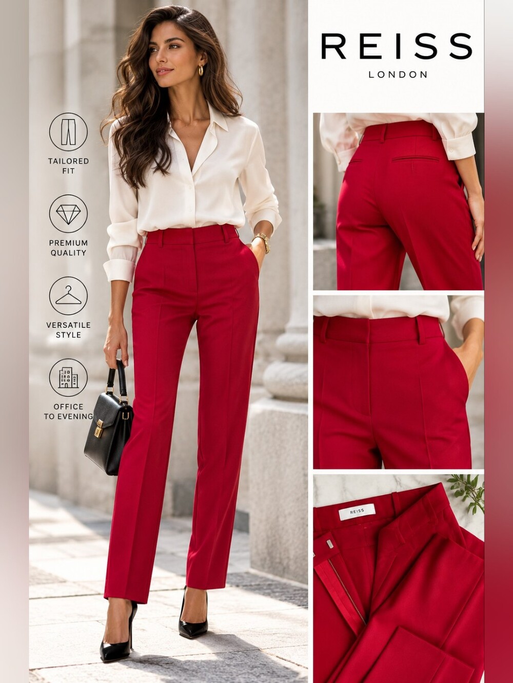 Reiss Raspberry Red Tailored Straight Leg Trousers UK 8 US 4